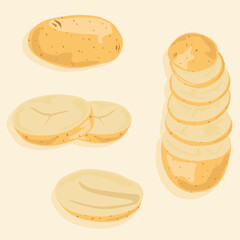 Potatoes whole and cut into pieces and slices. Isolated objects. Vector icons of vegetables. Fresh food.
