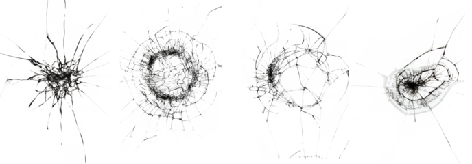 Texture of cracked smartphone screen on white background. Broken screen, set of 4 photos.