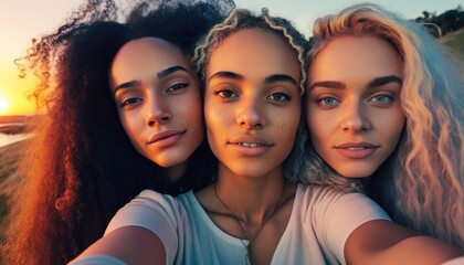 Obraz premium Three women pose for a photo selfie in front of a sunset, Generative AI