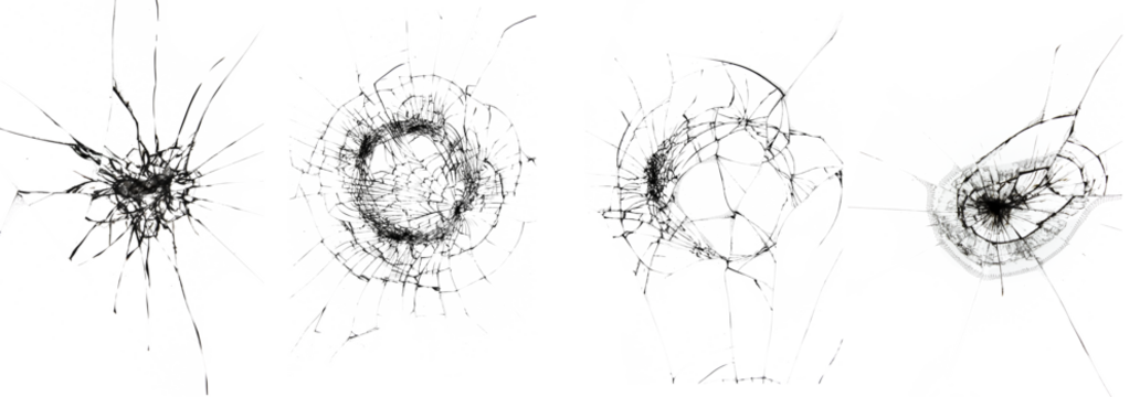 Texture of cracked smartphone screen on white background. Broken screen, set of 4 photos.