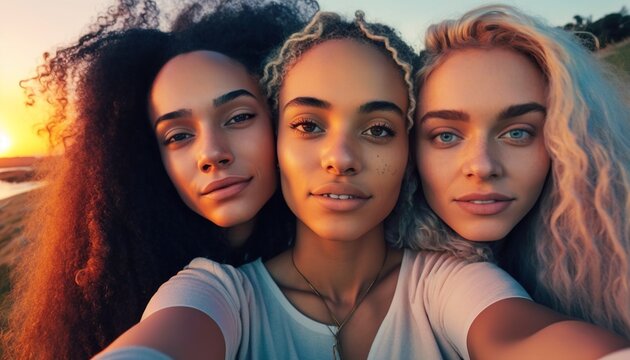 Three women pose for a photo selfie in front of a sunset, Generative AI