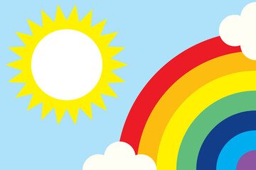 The rainbow and the sun show against the blue sky. abstract pattern colorful cartoon graphics Sun shines, clouds, rainbow, 7 colors.