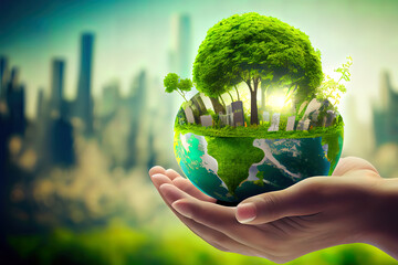Wonderful International Day of Forests concept: hands holding tree and earth globe over green and city background. Generative Ai