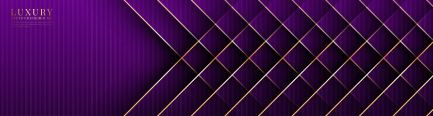 3D purple luxury abstract background overlap layers on dark space with golden lines decoration. Graphic design element cutout style concept for banner, flyer, card, brochure cover, or landing page