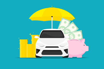 Saving income for insurance personal car concept, Personal car with piggy bank, goin coin, money, umbrella on isolated background, Digital marketing illustration.