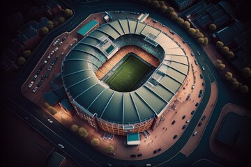 Fototapeta premium Magnificent football stadium from above. Soccer match, sport venue. Generative AI Technology