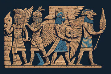 An Assyrian wall relief with ancient Middle Eastern stone carvings. Remains of ancient culture, background of Sumerian art. Generative AI
