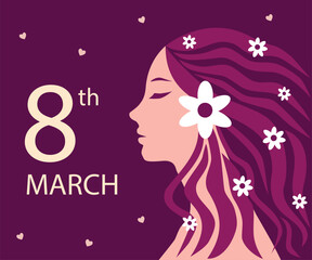 Obraz na płótnie Canvas Girl with voluminous hair, International Women's Day, March 8, postcard