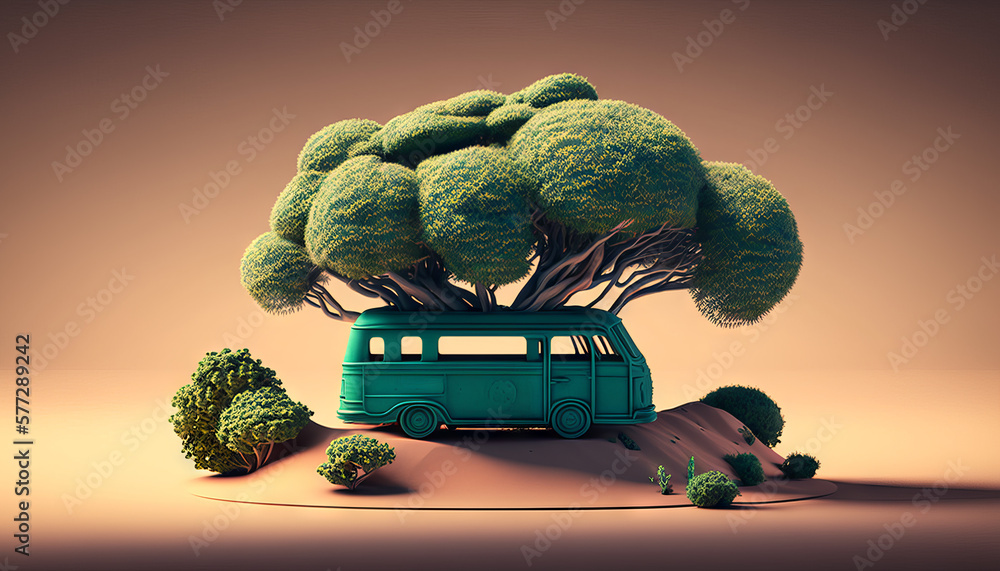 Poster vintage bus with tree in the desert. generative ai