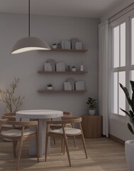 Interior design of beautiful minimalist dining room with wood dining table, stylish pendant