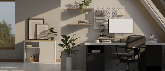 Modern contemporary home workspace with PC desktop computer mockup