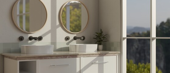 Fototapeta Interior design of modern minimal white bathroom with double ceramic sink on bathroom counter obraz