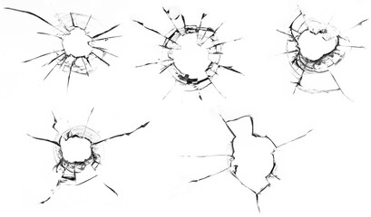Bullet holes and cracks on white glass background - obrazy, fototapety, plakaty