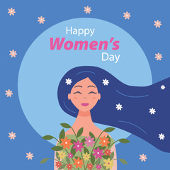 Girl with long blue hair, international women's day, congratulations