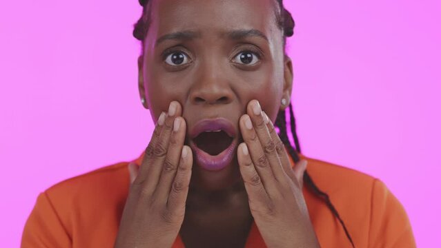Black woman, wow face and surprise on studio, pink background and backdrop. Omg, portrait and shocked model with mouth open at news drama, emoji reaction and wtf anxiety of unexpected fear emotions