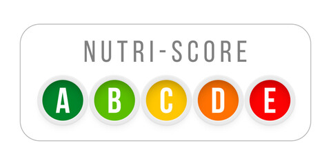 Nutri score system for health care label vector illustration. Horizontal stickers with grades in round icons for food nutrients, official packaging information for natural food isolated on white
