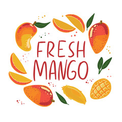 The inscription fresh mango. A collection of different types of mango. Ingredients for cooking. Vegan print. Vector hand-drawn illustration. Frame with fruits.