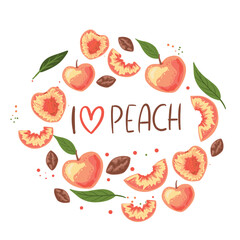 The inscription i love peach. A collection of different types of peach. Ingredients for cooking. Vegan print. Vector hand-drawn illustration. Frame with fruits.