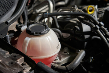 car plastic expansion tank with red antifreeze. Underhood with black tubes