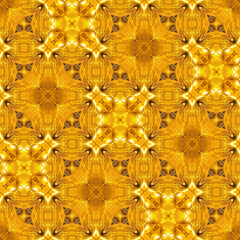 Seamless wallpaper pattern with leaves and flowers on a textured gold color background.