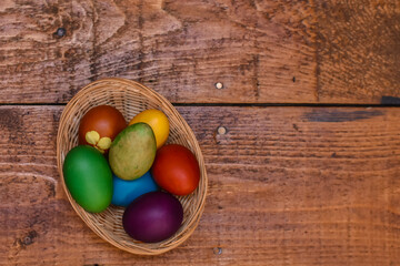 Traditional painted Easter eggs on wooden background. Colorful background of Easter eggs collection, Easter celebration