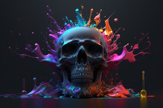 Beautiful human skull splashed and melted in colorful paint. Generative AI