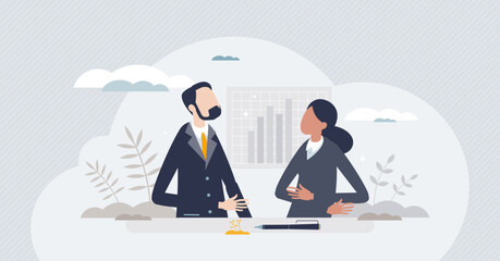 Man and woman partners characters in business environment tiny person concept. Official office suit outfit for businessman and businesswoman vector illustration. Confident leaders with financial data