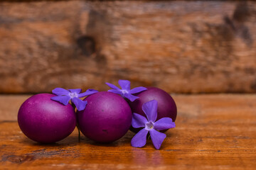 Traditional painted Easter eggs on wooden background. Colorful background of Easter eggs collection, Easter celebration