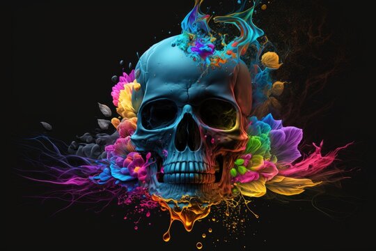Beautiful human skull splashed and melted in colorful paint. Generative AI