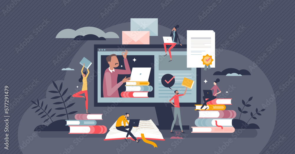 Poster studying and learning knowledge with online education course tiny person concept. reading books from