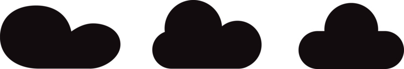 Black cartoon clouds set isolated on white background. Collection of different clouds for background template, wallpaper and fluffy sky design. Flat clouds concept. Clouds vector illustration