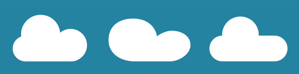 White cartoon clouds set isolated on blue background. Collection of different clouds for background template, wallpaper and fluffy sky design. Flat clouds concept. Clouds vector illustration