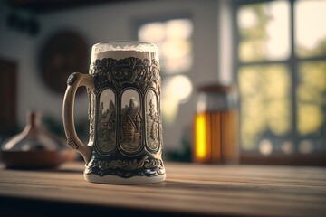 Beer mug on a table, close up. Oktoberfest, Munich. German beer festival created by generative AI