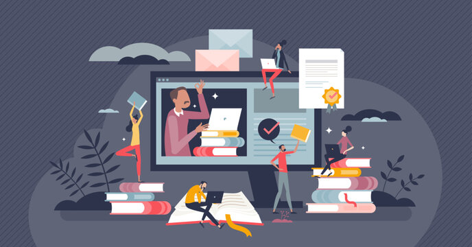 Studying and learning knowledge with online education course tiny person concept. Reading books from digital library as part from elearning training program vector illustration. Personal development.