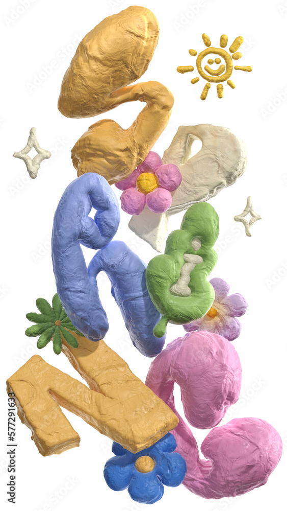 Fototapete 3d rendering illustration - typography clay spring phrase and elements with plasticine effect. great