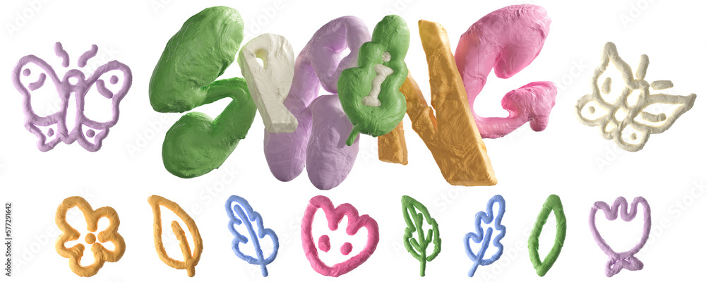 Fototapete 3d rendering illustration - typography clay spring phrase and set of stickers with plasticine effect