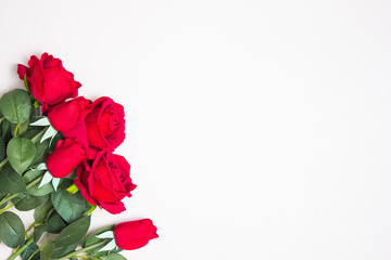 Red roses over the white background with copy space.