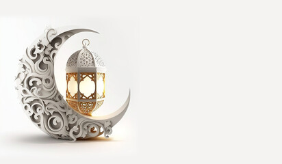 Islamic decoration background with crescent lantern, ramadan kareem, mawlid, iftar, isra miraj, eid al fitr adha, muharram, copy space, 3D illustration, Generative AI