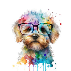 Portrait of cute puppy  wear glasses on transparent background, watercolor painting,  paint splatter,  Generative AI