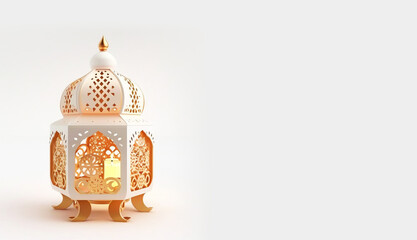 Islamic decoration background with lantern, ramadan kareem, mawlid, iftar, isra miraj, eid al fitr adha, muharram, copy space, 3D illustration, Generative AI