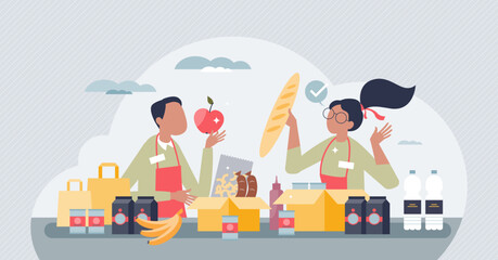 Volunteering at food bank and give groceries to poor tiny person concept. Homeless community support with cans, vegetables, bread and water supplies vector illustration. Support and care for hunger.