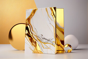 A gold and white marble piece sits in front of a background. Generative ai
