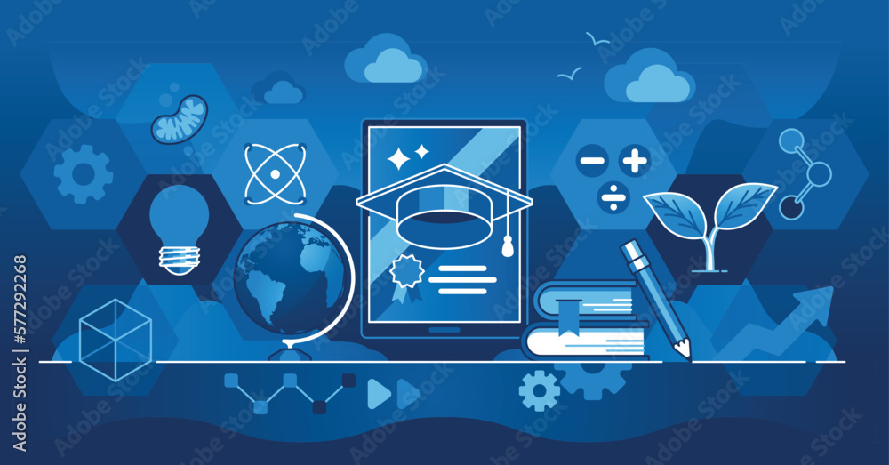 Poster edtech or educational technology with learning from distance outline concept. remote teaching with d