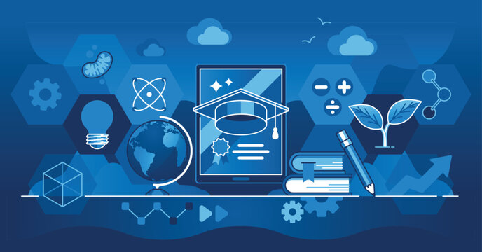 EdTech or educational technology with learning from distance outline concept. Remote teaching with digital academic materials and library vector illustration. Information network and online courses.