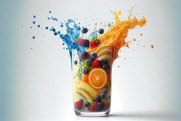 fruits with slices and juice splash in rainbow colors flying smoothie. AI