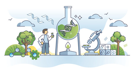 Biotech or biological technology for scientific bio research outline concept. Nature characteristics and properties genetic application to new materials development or engineering vector illustration