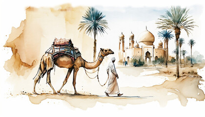 Watercolor painting  of camel mosque desert, islamic background, ramadan kareem, mawlid, iftar, isra miraj, eid al fitr adha, muharram, copy space, Generative AI