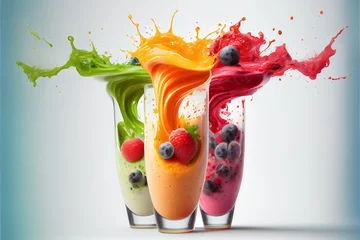 Zelfklevend Fotobehang fruits with slices and juice splash in rainbow colors flying smoothie. AI © terra.incognita