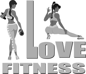 Love fitness. Girls go in for fitness, lead a healthy lifestyle. Black, grey, white
