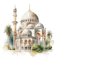 Fototapeta na wymiar Mosque watercolor painting , islamic background, ramadan kareem, mawlid, iftar, isra miraj, eid al fitr adha, muharram, copy space, Generative AI